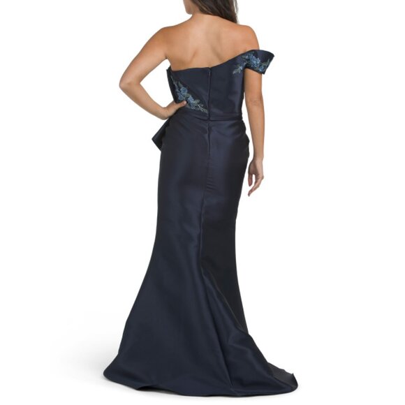 TERANI Navy One Shoulder Embroidered Floral Applique Gown - Picture 2 of 2